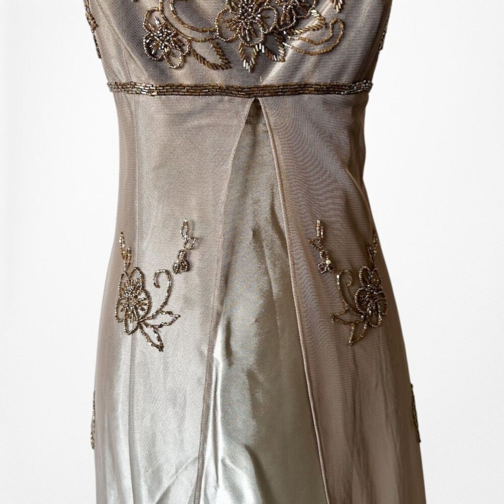 Vintage Y2K Beige Gold Mesh Satin Floral Beaded Formal Maxi Prom Dress Size M/L - Picture 9 of 12